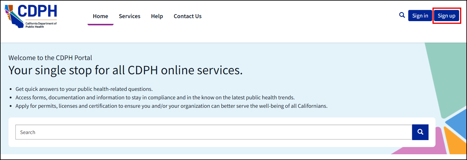 Portal Home Page with Sign Up button